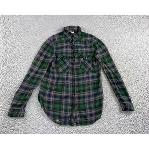 BDG Flannel Shirt Womens S Green Blue Plaid Long Sleeve Button Down Distressed